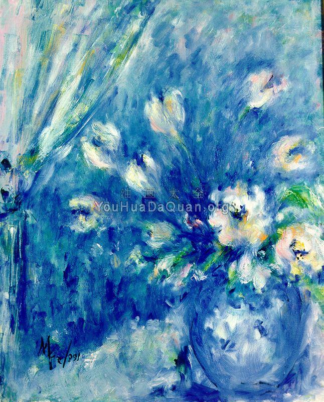 Jarron De Flores Sobre Fondo Azul - 马里·Fe·罗梅罗·坎波